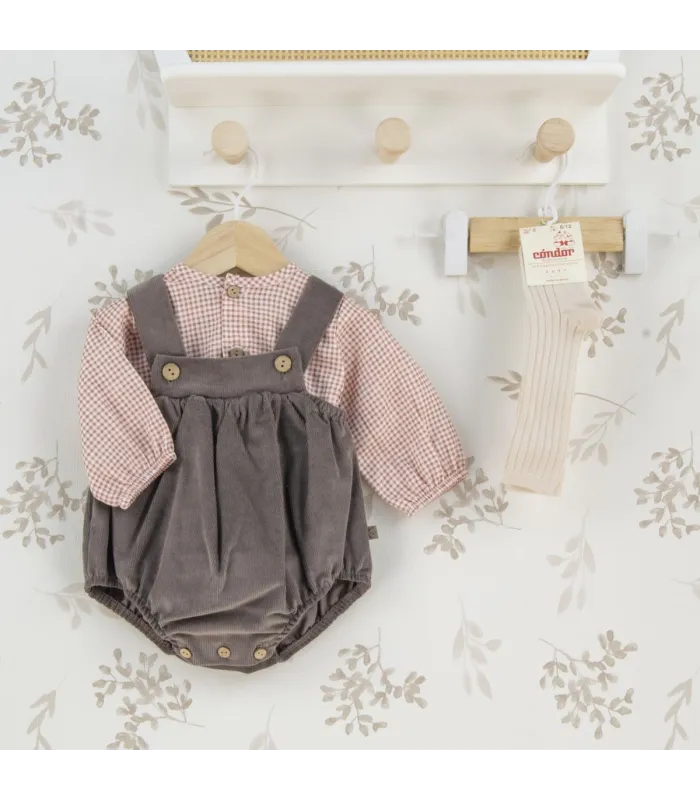 Conjunto Peto bebé marrón invierno algodón camisa vichy y peto tirantes botones textura suave
