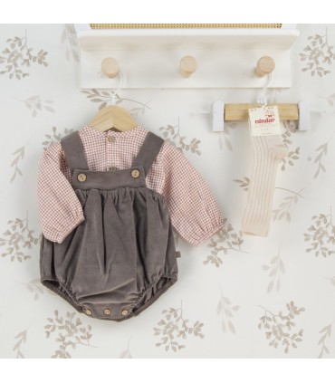 Conjunto Peto bebé marrón invierno algodón camisa vichy y peto tirantes botones textura suave