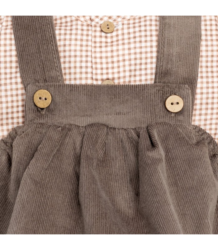 Detalles del Conjunto Peto bebé marrón invierno algodón camisa vichy y peto tirantes botones textura suave