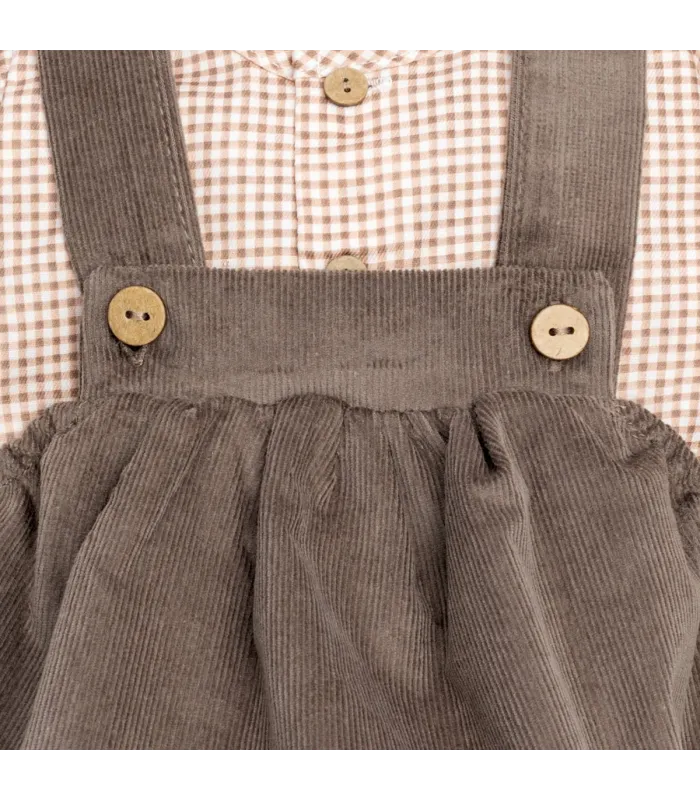 Detalles del Conjunto Peto bebé marrón invierno algodón camisa vichy y peto tirantes botones textura suave