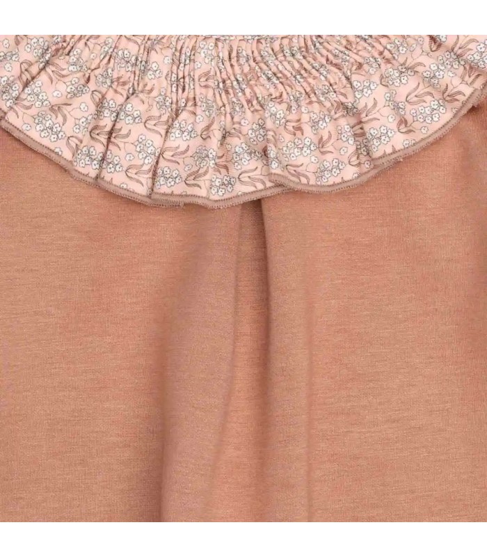 Vestido bebé rosa viejo tejido suave cuello estampado volante mangas acampanadas detalle elegante foto detalle
