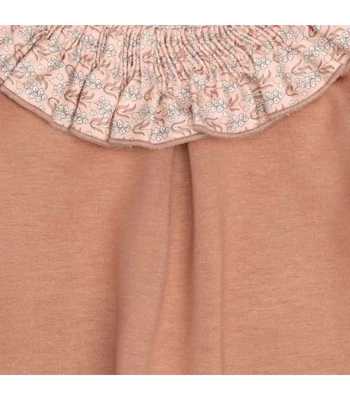 Vestido bebé rosa viejo tejido suave cuello estampado volante mangas acampanadas detalle elegante foto detalle
