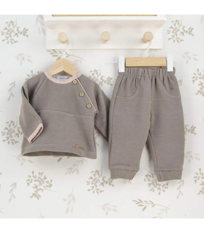 Conjunto sport bebé topo algodón canalé sudadera botones y pantalón textura suave