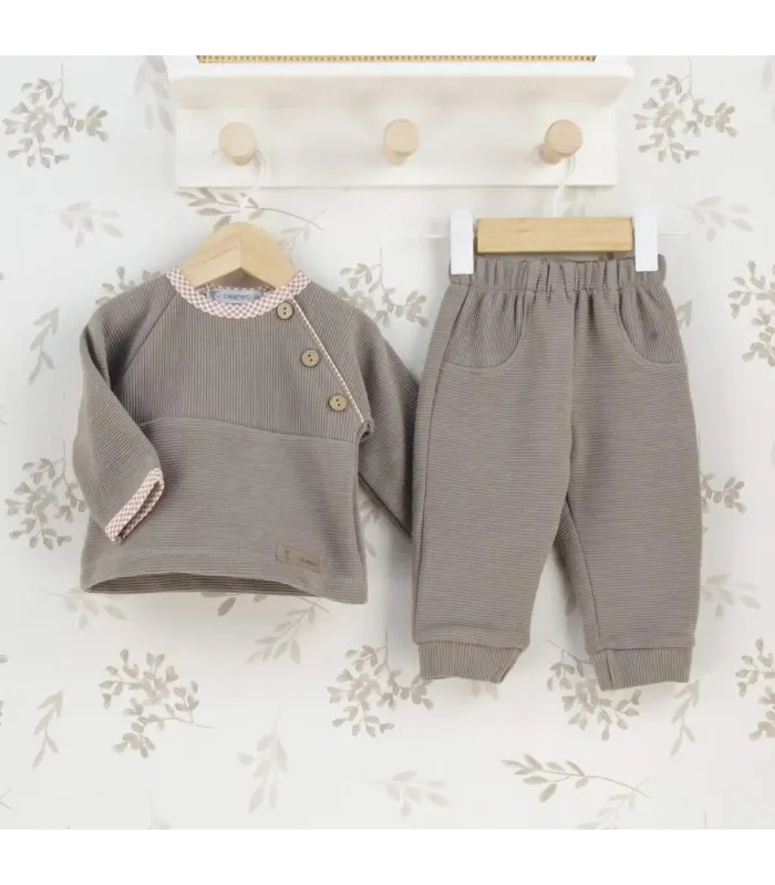 Conjunto sport bebé topo algodón canalé sudadera botones y pantalón textura suave