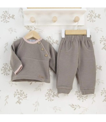 Conjunto sport bebé topo algodón canalé sudadera botones y pantalón textura suave