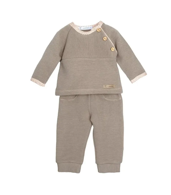 Conjunto sport bebé topo algodón canalé sudadera botones y pantalón textura suave en fondo blanco