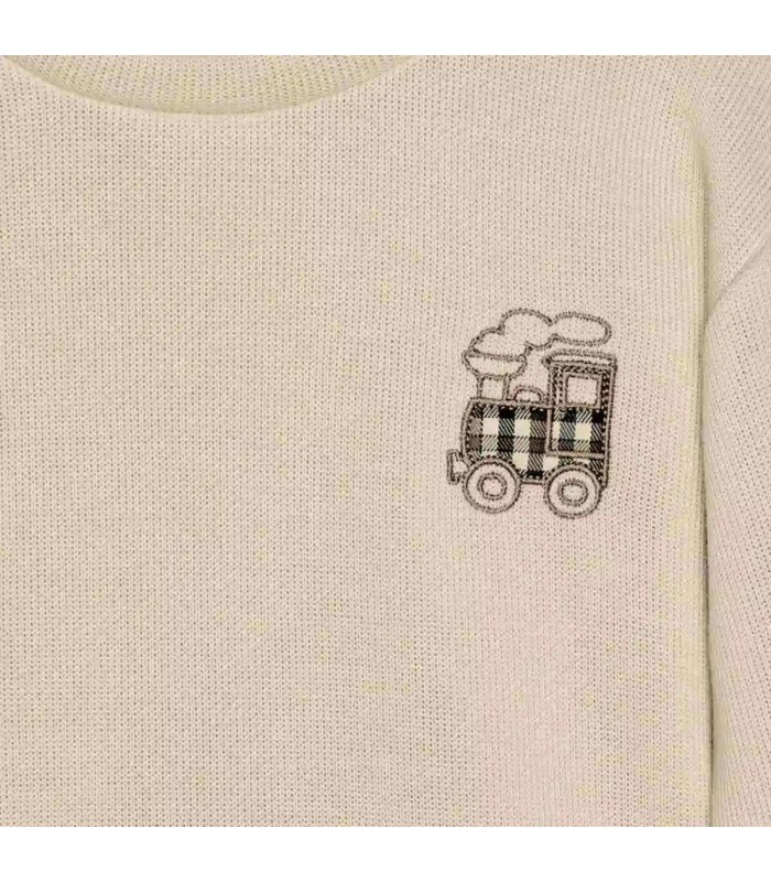 Detalle del conjunto niño crudo sudadera bordado tren pantalon cuadros algodon invierno