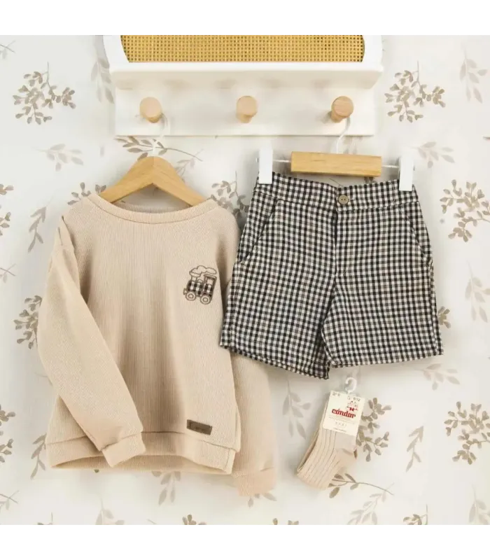 Conjunto niño crudo sudadera bordado tren pantalon cuadros algodon invierno