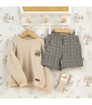 Conjunto niño crudo sudadera bordado tren pantalon cuadros algodon invierno