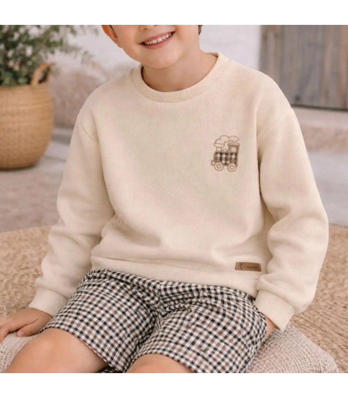 Niño con el conjunto niño crudo sudadera bordado tren pantalon cuadros algodon invierno