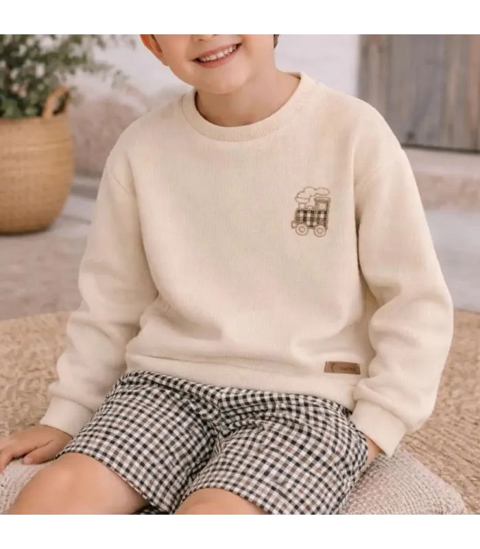 Niño con el conjunto niño crudo sudadera bordado tren pantalon cuadros algodon invierno