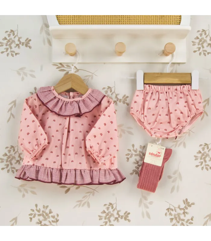 Jesusito bebé rosa empolvado algodón con volante vichy y estampado delicado detalle invierno