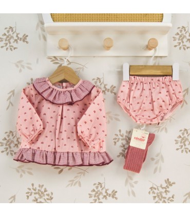 Jesusito bebé rosa empolvado algodón con volante vichy y estampado delicado detalle invierno