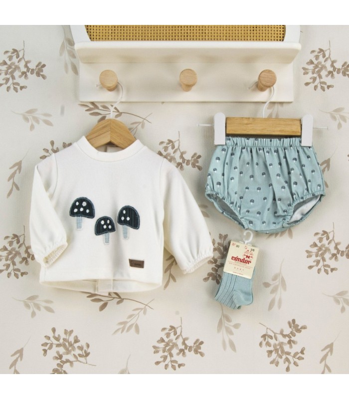 Conjunto Pololo bebé verde agua algodón con bordado de setas y textura suave detalle invierno