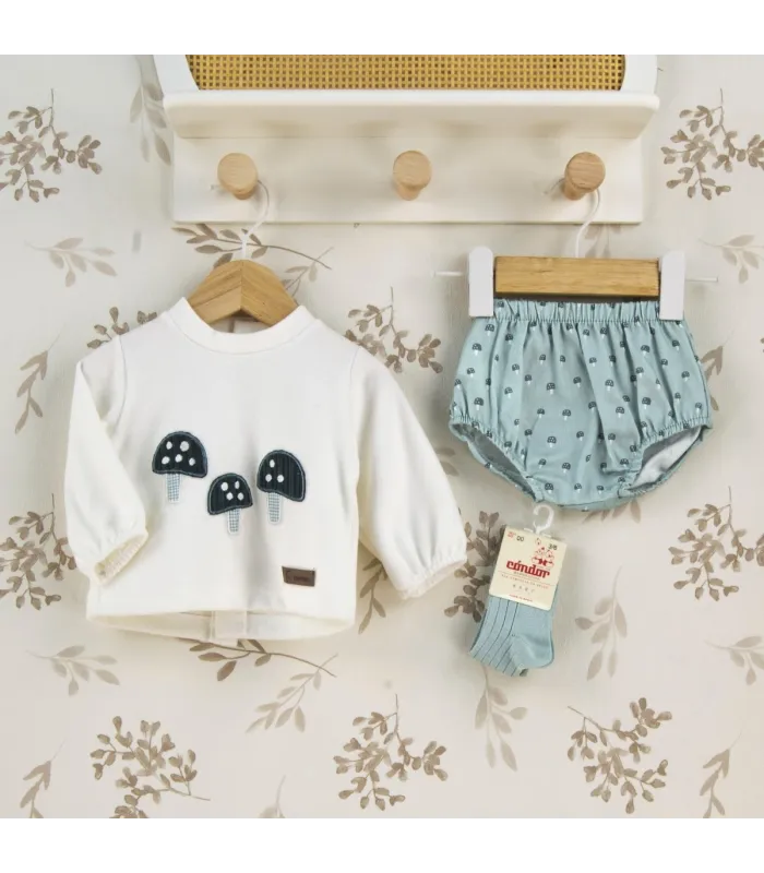 Conjunto Pololo bebé verde agua algodón con bordado de setas y textura suave detalle invierno