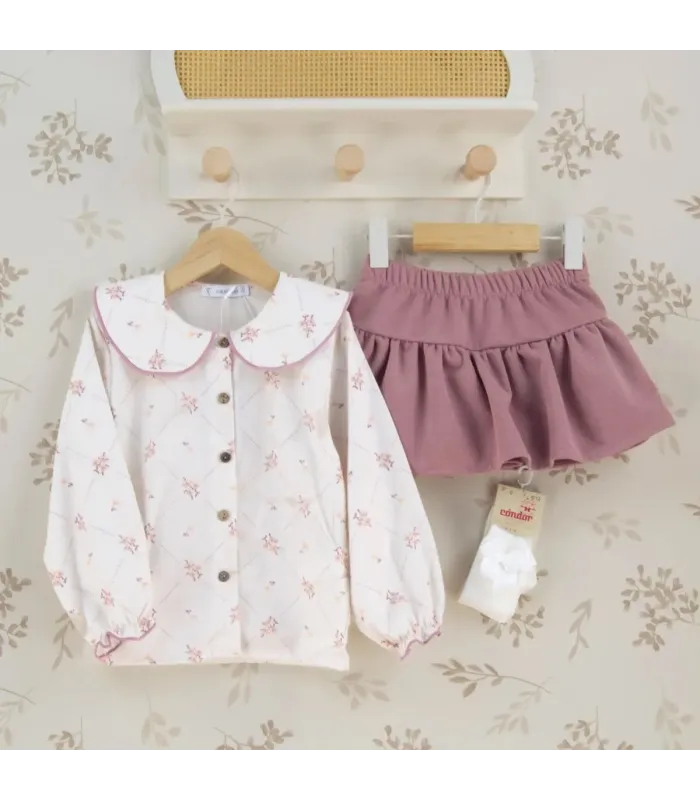 Conjunto Falda niña nude floral blusa algodón estampado flores falda rosa empolvado textura