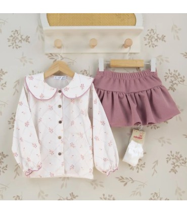 Conjunto Falda niña nude floral blusa algodón estampado flores falda rosa empolvado textura