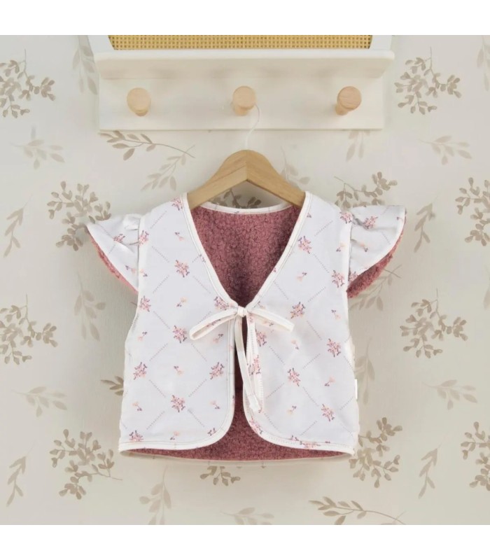 Chaleco niña nude reversible borreguito rosa empolvado algodón floral lazo delantero manga volante parte interior
