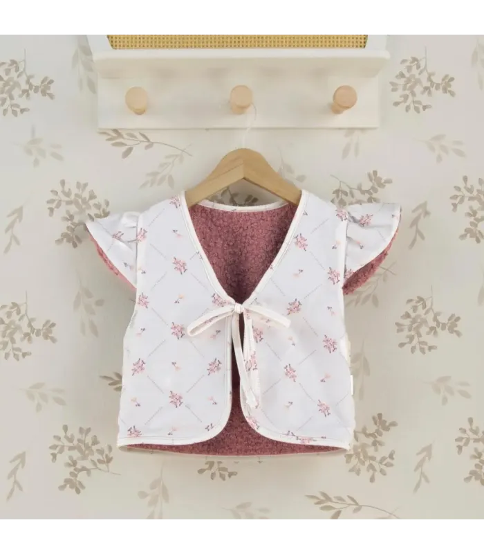 Chaleco niña nude reversible borreguito rosa empolvado algodón floral lazo delantero manga volante parte interior