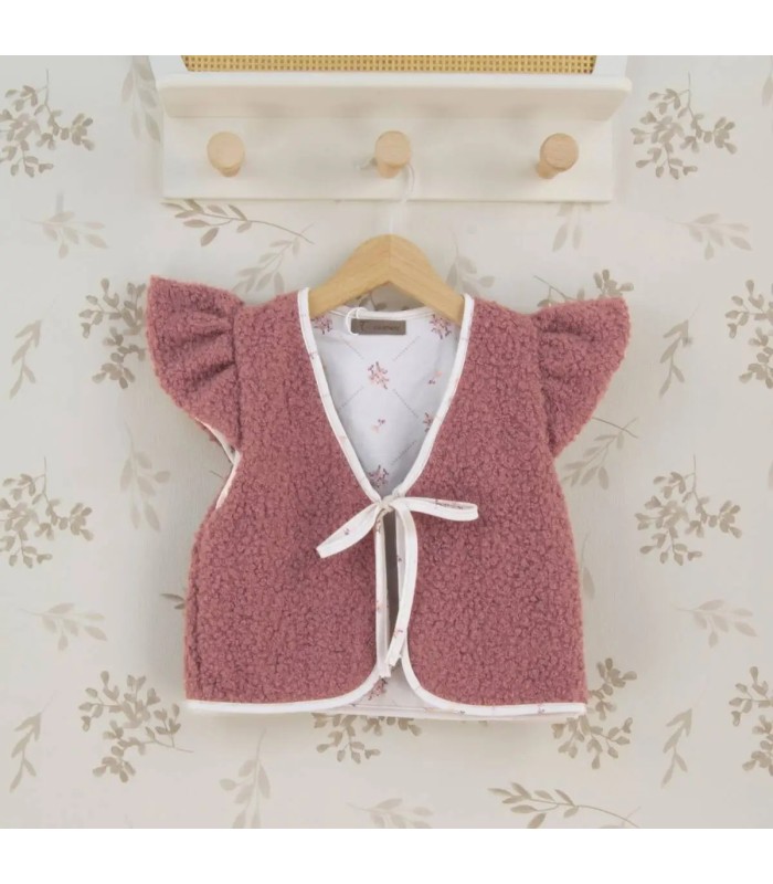 Chaleco niña nude reversible borreguito rosa empolvado algodón floral lazo delantero manga volante