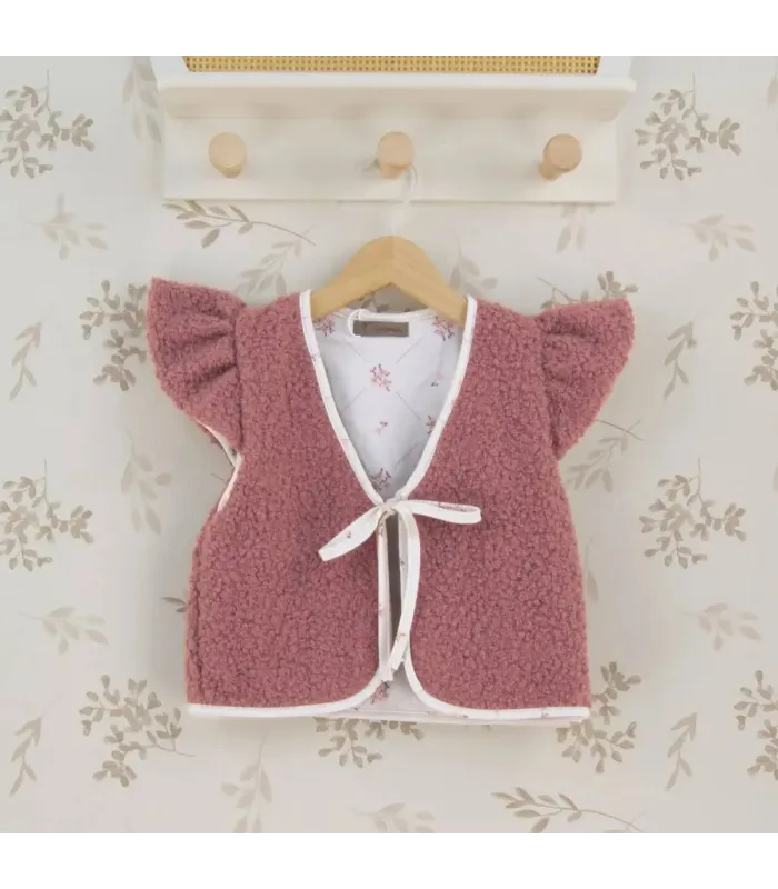 Chaleco niña nude reversible borreguito rosa empolvado algodón floral lazo delantero manga volante