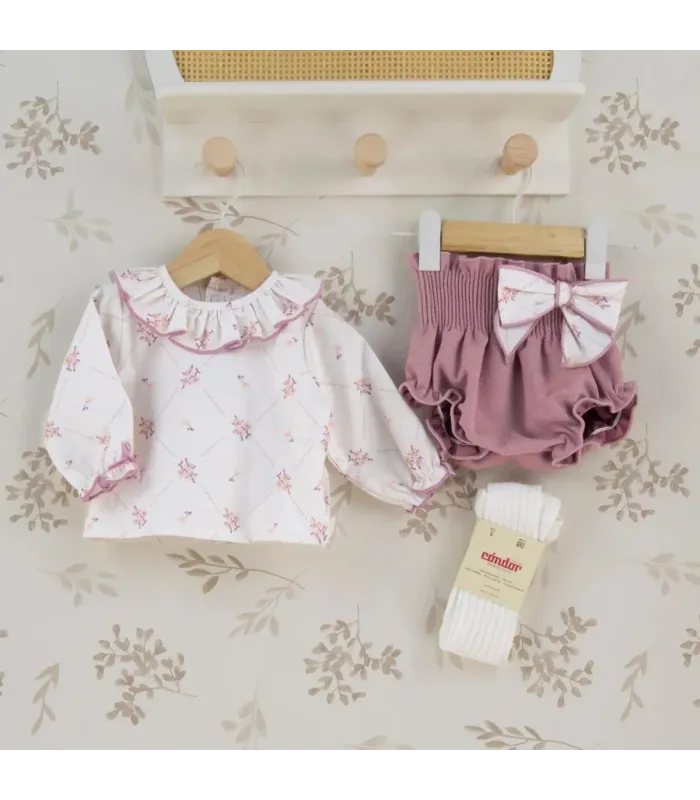 Conjunto Pololo bebé nude floral lazo blusa algodón flores pololo rosa empolvado textura