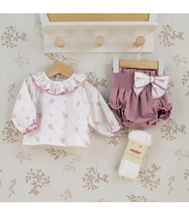 Conjunto Pololo bebé nude floral lazo blusa algodón flores pololo rosa empolvado textura