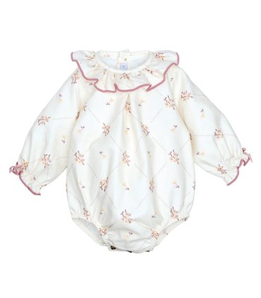 Pelele bebé nude floral Calamaro Grove invierno rosa empolvado mangas algodón estampado cuello volantes en fondo blanco