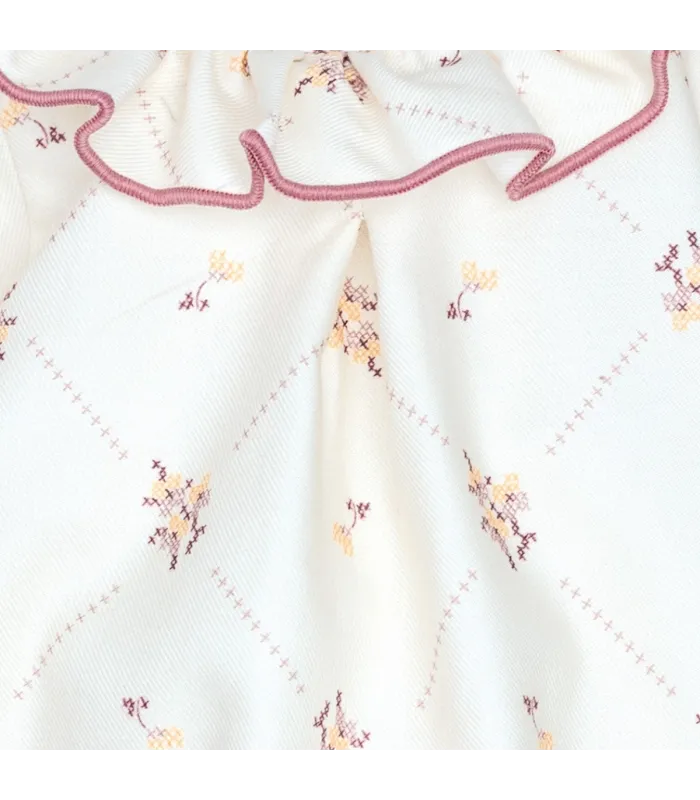 Pelele bebé nude floral Calamaro Grove invierno rosa empolvado mangas algodón estampado cuello volantes detalles