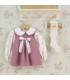 Vestido niña nude floral lazo invierno rosa empolvado mangas algodón estampado cuello redondo