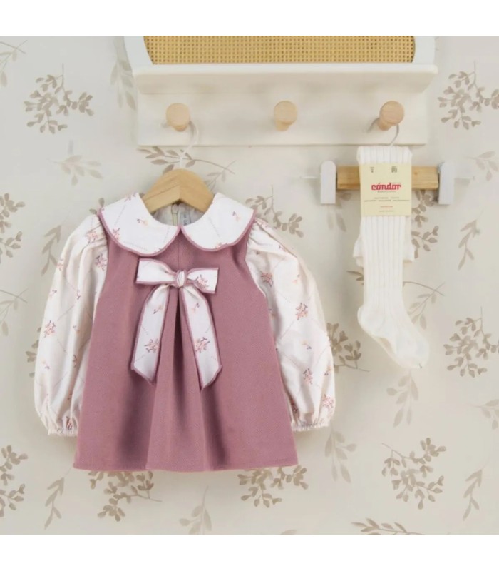 Vestido niña nude floral lazo invierno rosa empolvado mangas algodón estampado cuello redondo