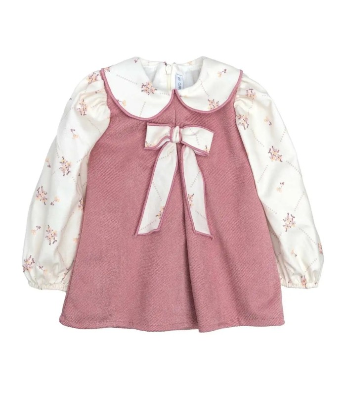 Vestido niña nude floral lazo invierno rosa empolvado mangas algodón estampado cuello redondo en fondo blanco