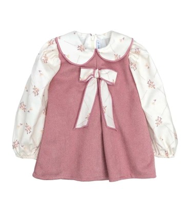 Vestido niña nude floral lazo invierno rosa empolvado mangas algodón estampado cuello redondo en fondo blanco