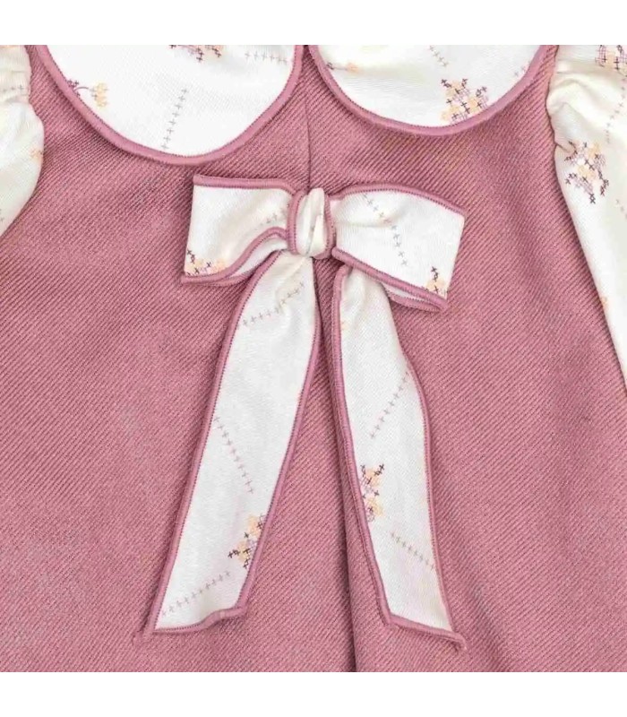 Detalles del vestido niña nude floral lazo invierno rosa empolvado mangas algodón estampado cuello redondo
