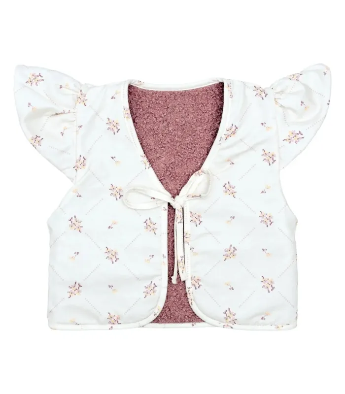 Chaleco niña nude reversible borreguito rosa empolvado algodón floral lazo delantero manga volante parte interior fondo blanco