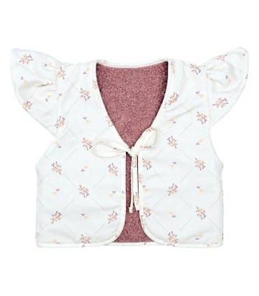 Chaleco niña nude reversible borreguito rosa empolvado algodón floral lazo delantero manga volante parte interior fondo blanco