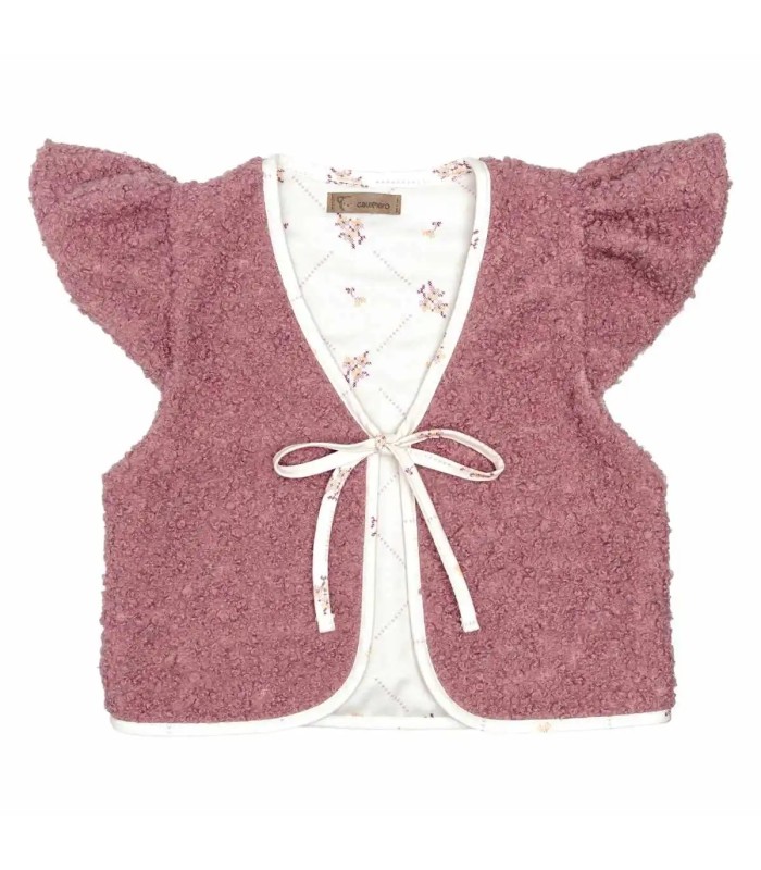 Chaleco niña nude reversible borreguito rosa empolvado algodón floral lazo delantero manga volante parte en fondo blanco