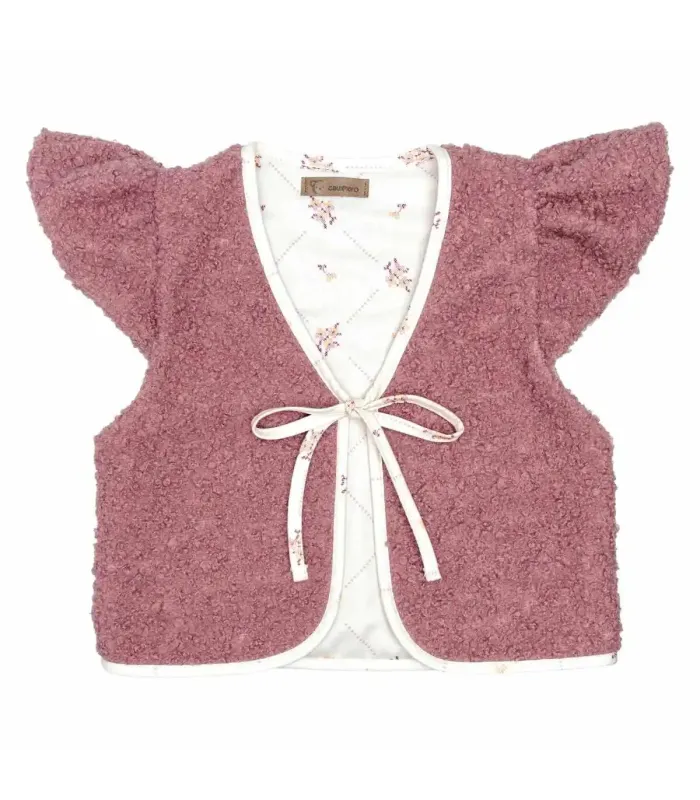 Chaleco niña nude reversible borreguito rosa empolvado algodón floral lazo delantero manga volante parte en fondo blanco