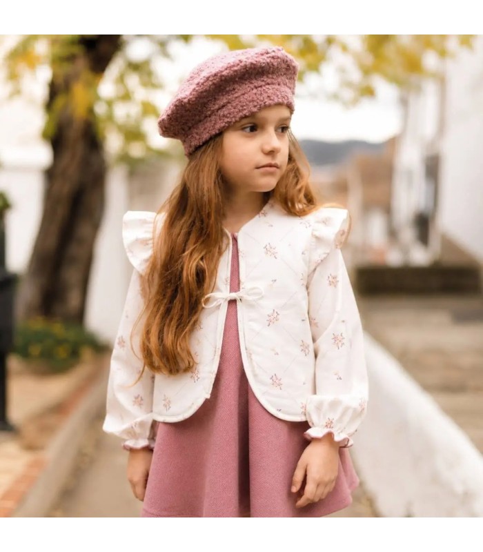 Niña con chaleco niña nude reversible borreguito rosa empolvado algodón floral lazo delantero manga volante parte interior