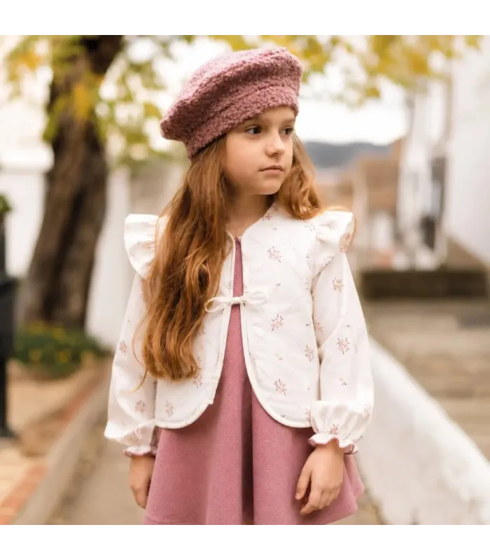 Niña con chaleco niña nude reversible borreguito rosa empolvado algodón floral lazo delantero manga volante parte interior