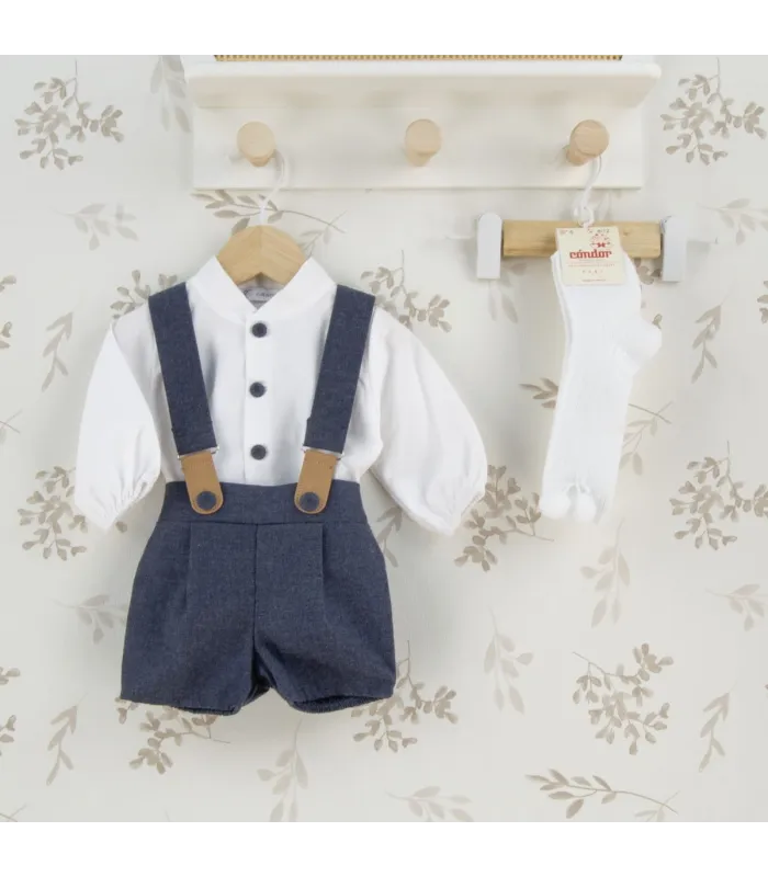 Conjunto Pololo bebé azul tirantes algodón camisa blanca botones detalle elegante