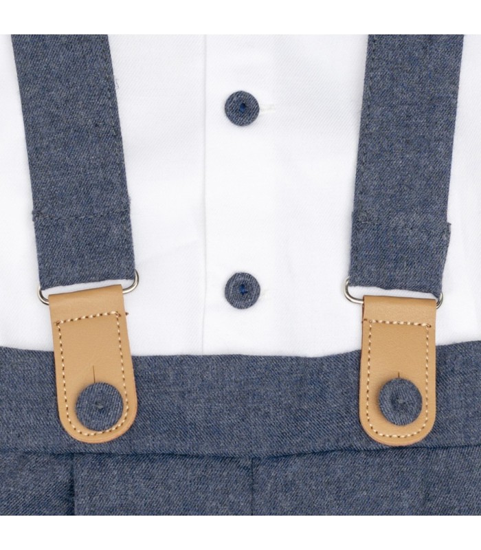 Detalles del conjunto pololo bebé azul tirantes algodón camisa blanca botones detalle elegante