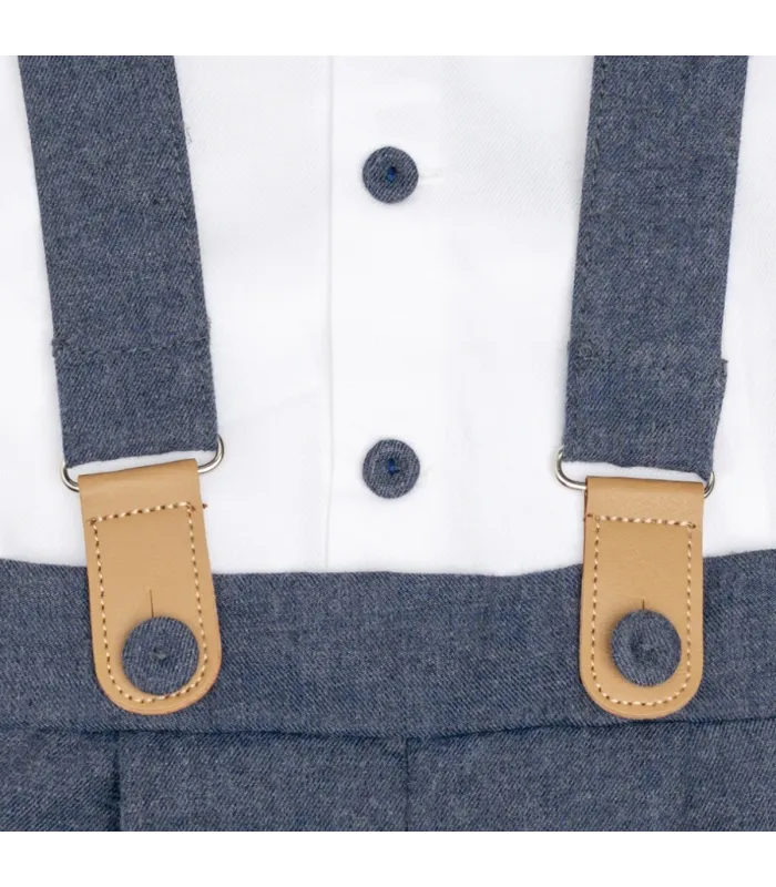 Detalles del conjunto pololo bebé azul tirantes algodón camisa blanca botones detalle elegante