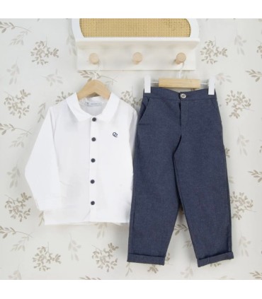 Conjunto Pantalón niño azul camisa blanca algodón botones detalle elegante