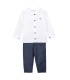 Conjunto Pantalón niño azul camisa blanca algodón botones detalle elegante en fondo blanco
