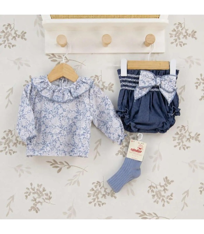 Conjunto Pololo bebé azul invierno algodón blusa estampada volante lazo decorativo