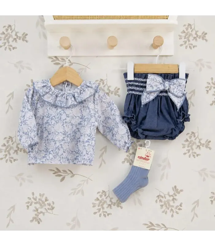 Conjunto Pololo bebé azul invierno algodón blusa estampada volante lazo decorativo