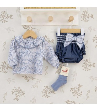 Conjunto Pololo bebé azul invierno algodón blusa estampada volante lazo decorativo