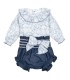 Conjunto Pololo bebé azul invierno algodón blusa estampada volante lazo decorativo en fondo blanco