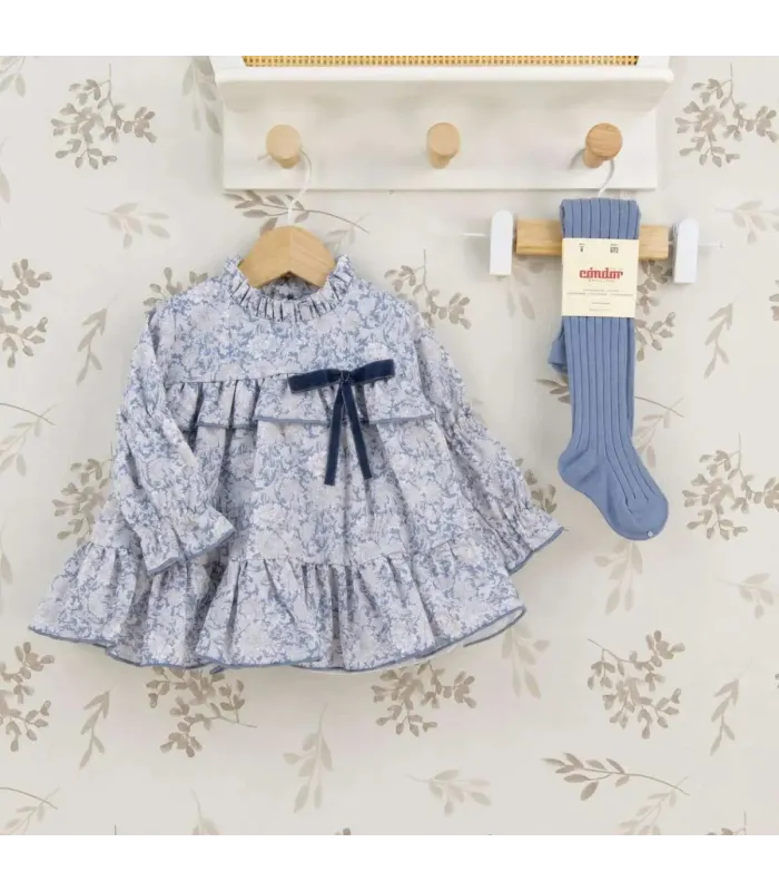 Vestido niña azul toile algodón volante cuello lazo contraste estampado detalle